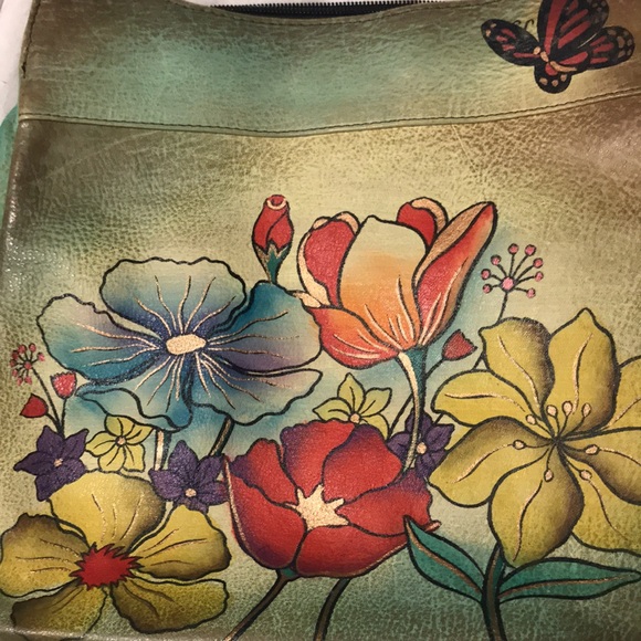 Anuschka Handpaint Leather Satchel Zip Around Shoulder Bag Floral EUC - Picture 12 of 13